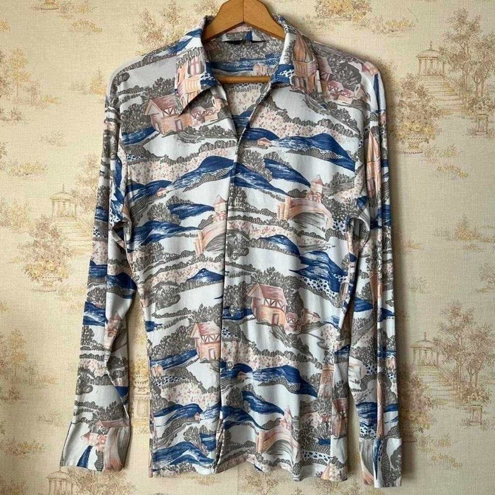 1970s JCPenney Landscape AOP Shirt | Vintage Dagger Collar Disco Button-Up | M